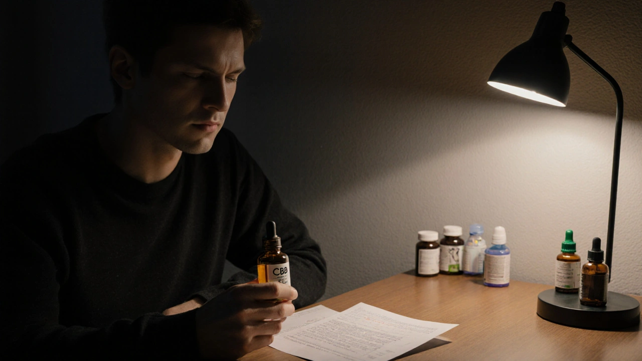 Person hält CBD-Ölflasche, Laborbericht daneben, gedämpftes Licht