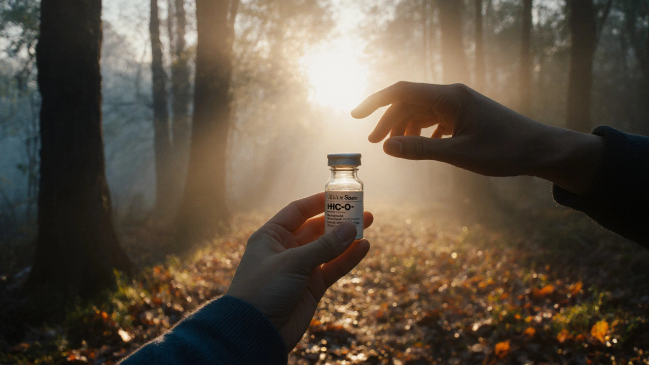 Person im Nebelwald bei Dämmerung, hält eine HHC-O-Flasche und blickt zum Sonnenlicht.