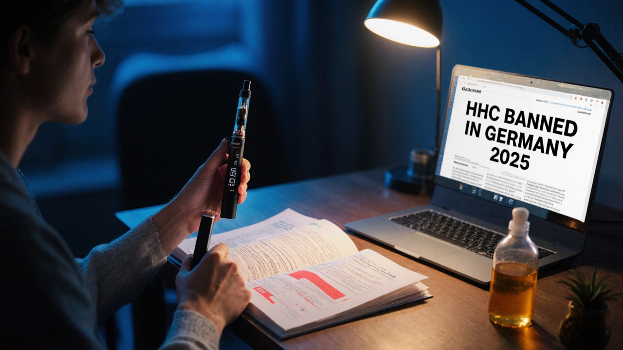 Person mit HHC-Vape und Laborbericht mit roten Warnungen, daneben sicheres Delta-8-Produkt und Nachricht über Verbot.
