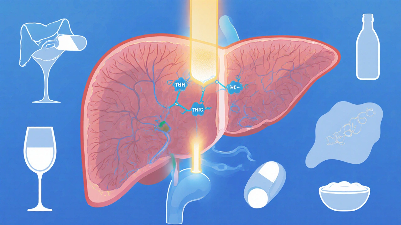 Transluzente Leber, die THC in eine stärkere Form umwandelt, mit symbolischen Belastungen im Hintergrund.