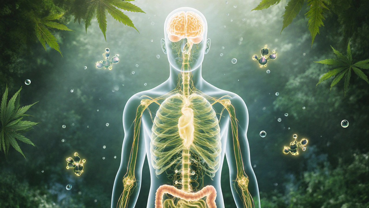 Transluzenter menschlicher Körper mit aktiviertem Endocannabinoid-System in golden-grünen Lichtern.