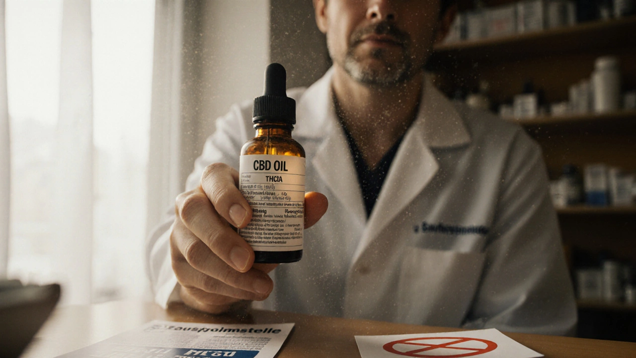 Verbraucher hält CBD-Flasche, entdeckt verstecktes THCVA-Label unter Lupe, besorgt und verwirrt.