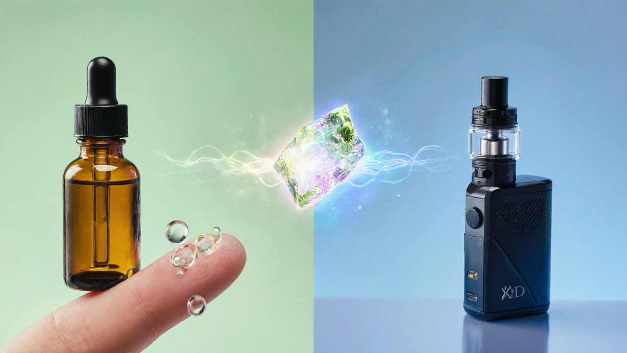 Vergleich: CBD-Öl links, CBD-Shatter rechts, verbunden durch leuchtende Linie für Reinheit und Konzentration.