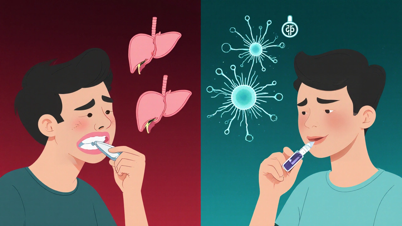 Vergleich: Schmerzmittel mit Nebenwirkungen links, CBD mit sanfter Wirkung rechts – beides als symbolische Darstellung.