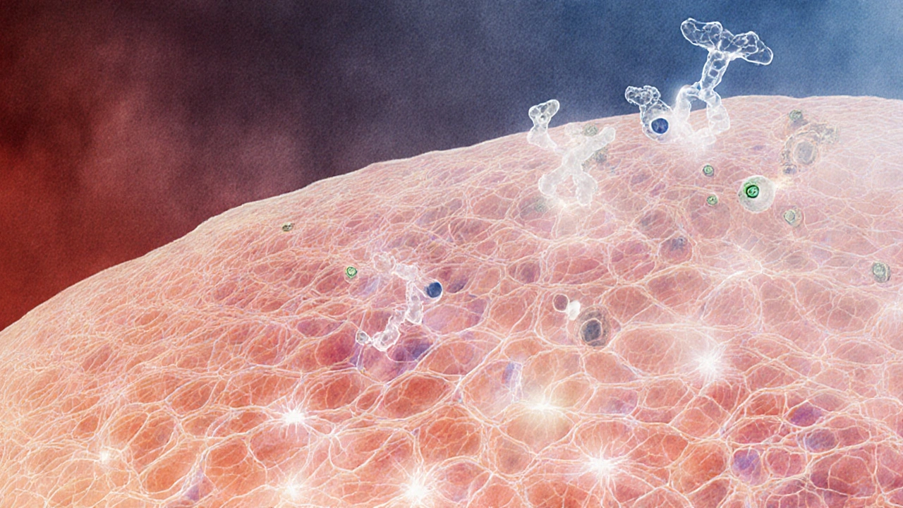 Vergrößerte Darstellung von Hautzellen, CBD neutralisiert freie Radikale und reduziert Entzündungen.