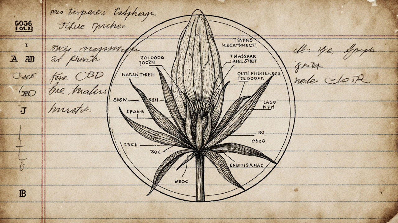 Vintagelaborkarte einer CBD-Blüte mit terpenbasierten Wirkwegen in sepiafarbener wissenschaftlicher Zeichnung.