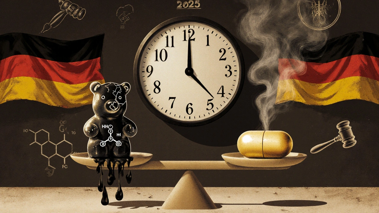 Waage mit beschädigtem HHC-Gummibärchen und reinem Delta-8-Kapsel, darüber ticking Clock und rechtliche Schatten.