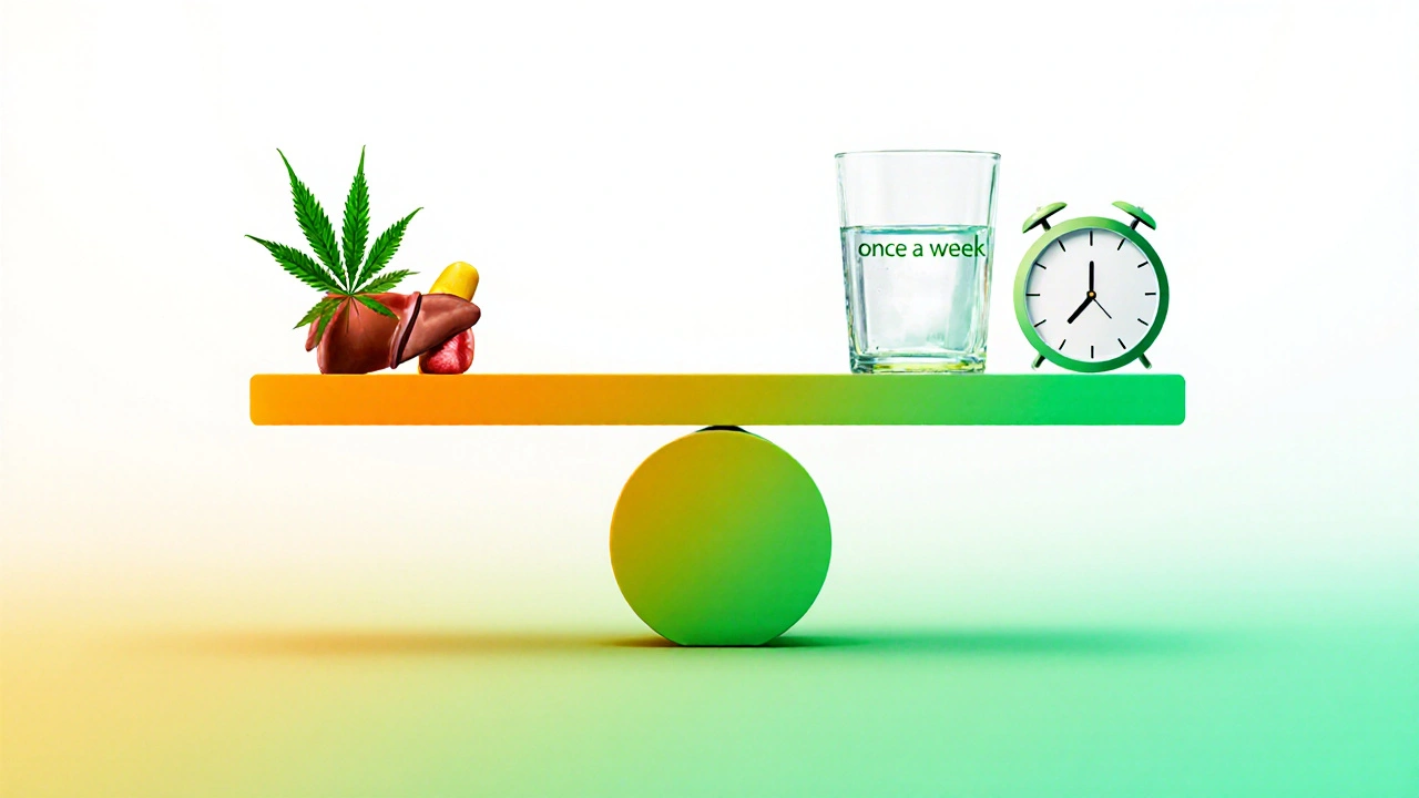 Waage mit Cannabis-Edible auf der einen und gesunder Leber auf der anderen Seite, Symbol für Ausgewogenheit.