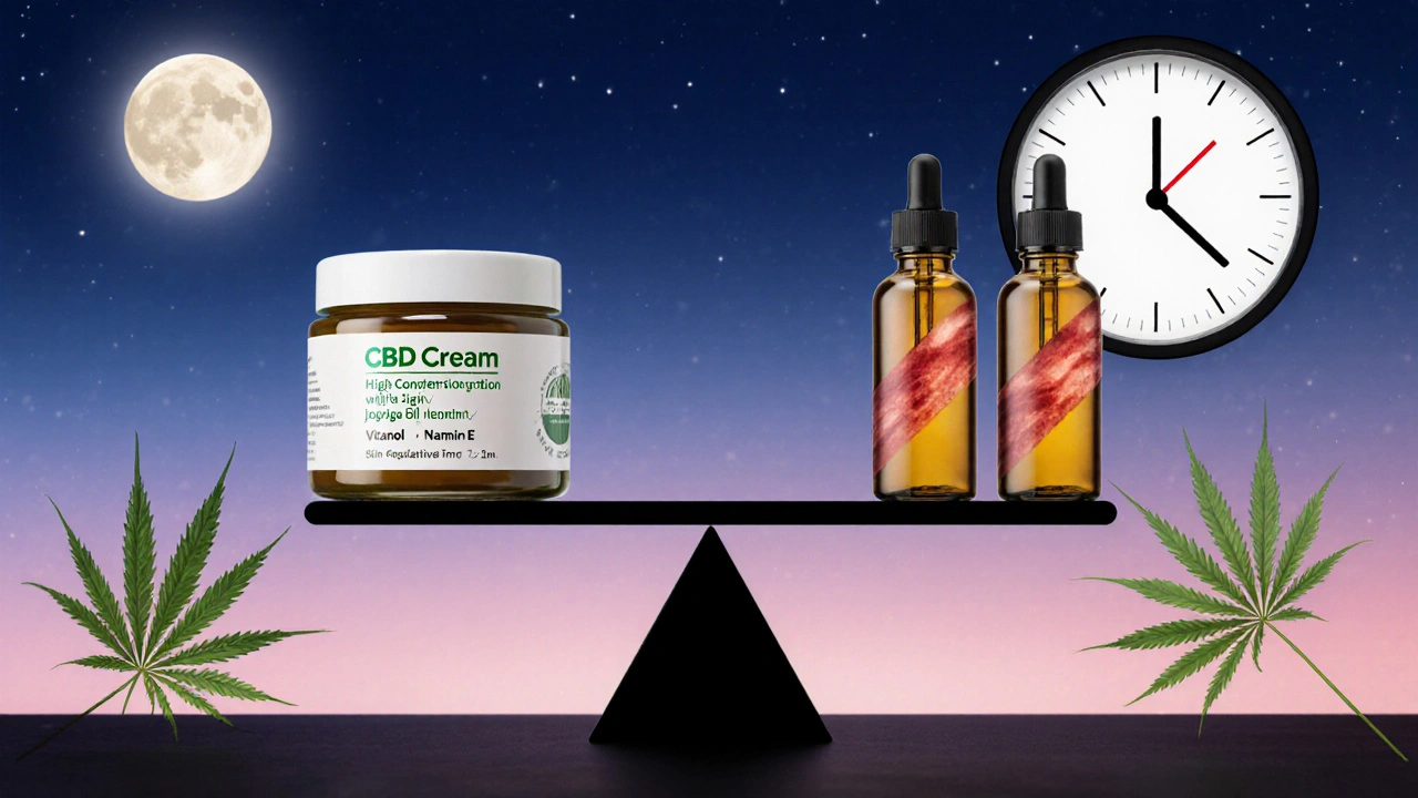 Waage mit CBD-Creme neben Retinol-Produkten, umgeben von Hanfblättern und Mondlicht, Symbol für sanfte Hautpflege.