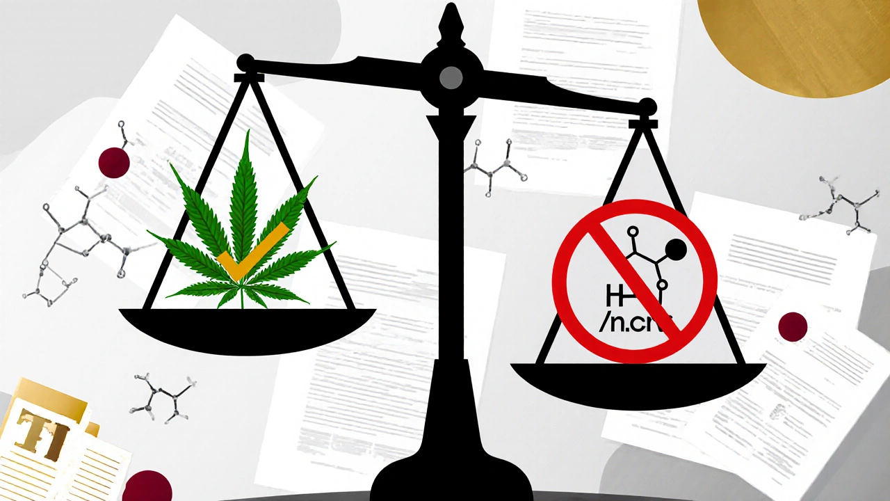 Waage mit Hanfblatt und THC-Verbotszeichen, graue Rechtszone dazwischen