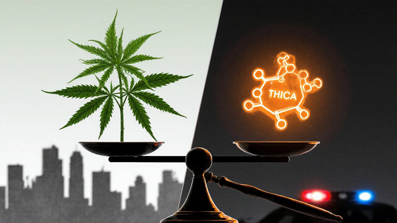 Waage mit Hanfpflanze auf einer Seite und THCVA-Molekül auf der anderen, symbolisiert rechtliche Grauzone.