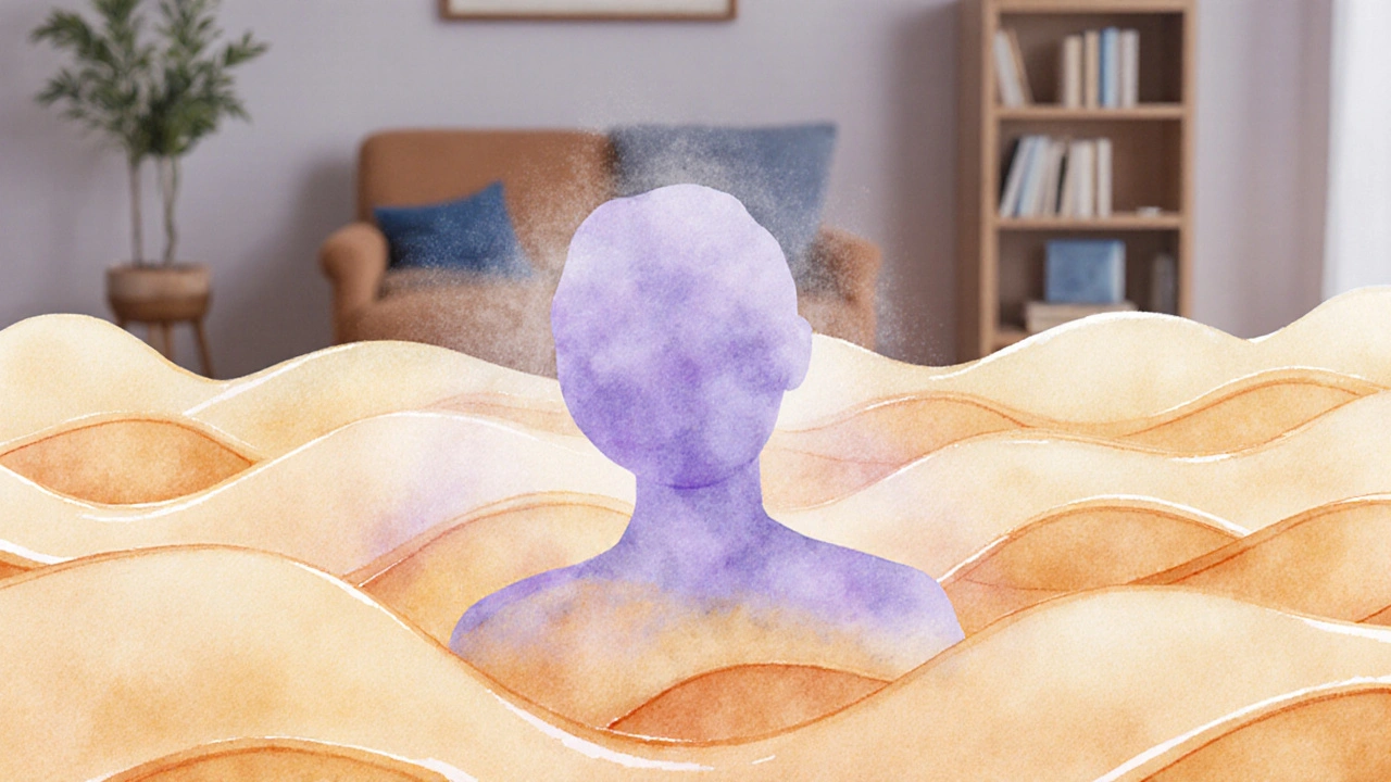 Weiche, wellenförmige Lichtströme umgeben eine menschliche Silhouette in warmen Farbtönen.