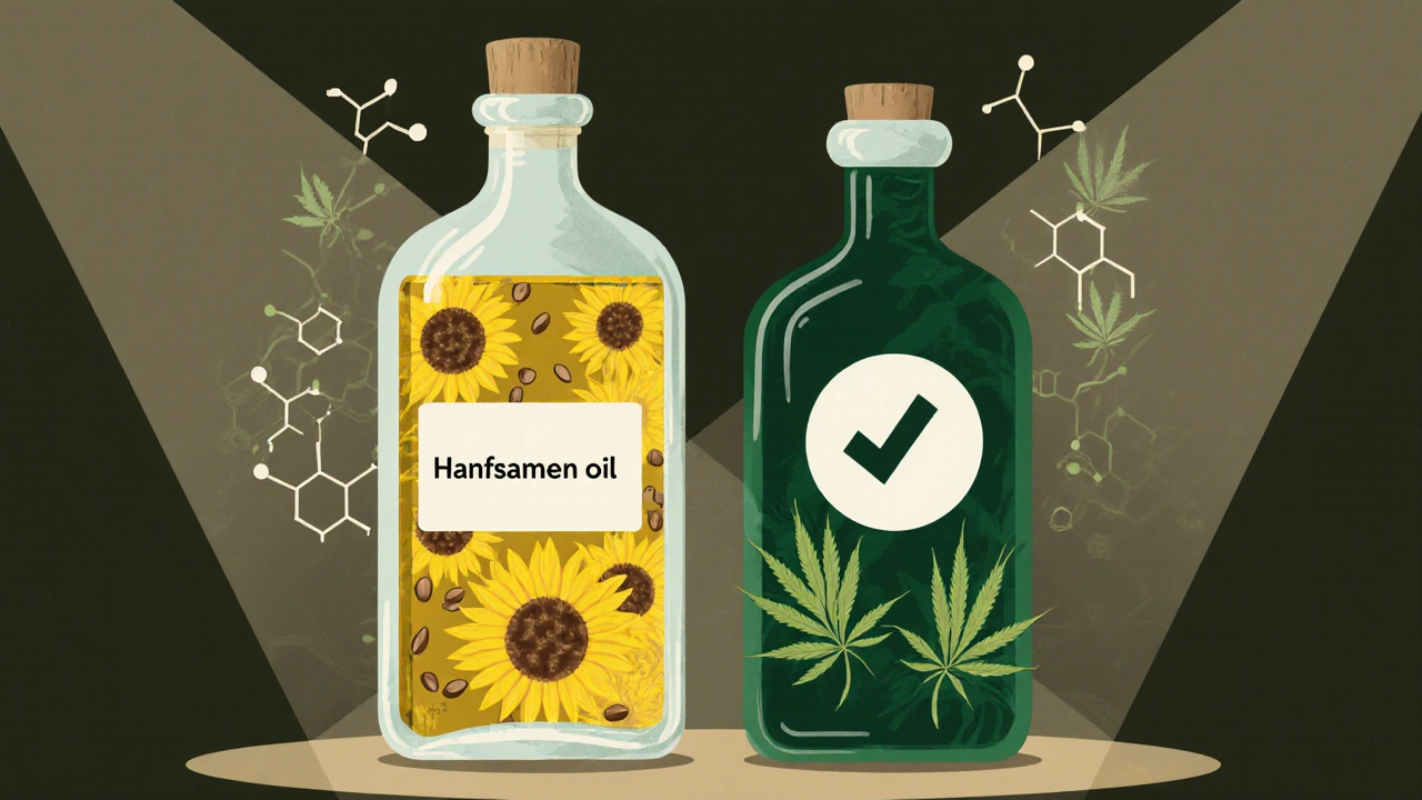 Zwei Flaschen nebeneinander: Hanfsamenöl und CBD-Öl mit unterschiedlichen Inhalten.