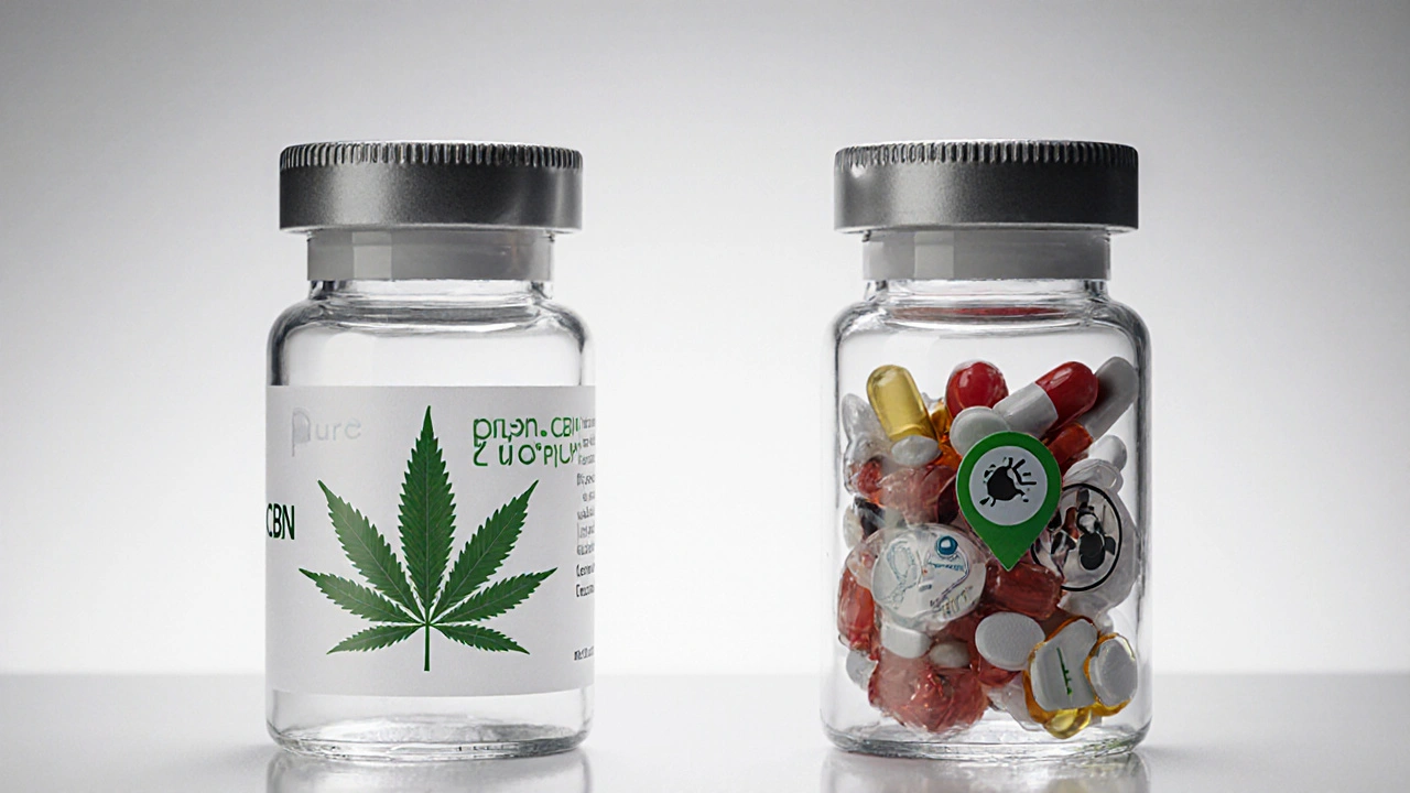 Zwei Glasflaschen: reines CBN vs. verschmutztes Produkt mit Zusatzstoffen, klare Trennung durch Licht.