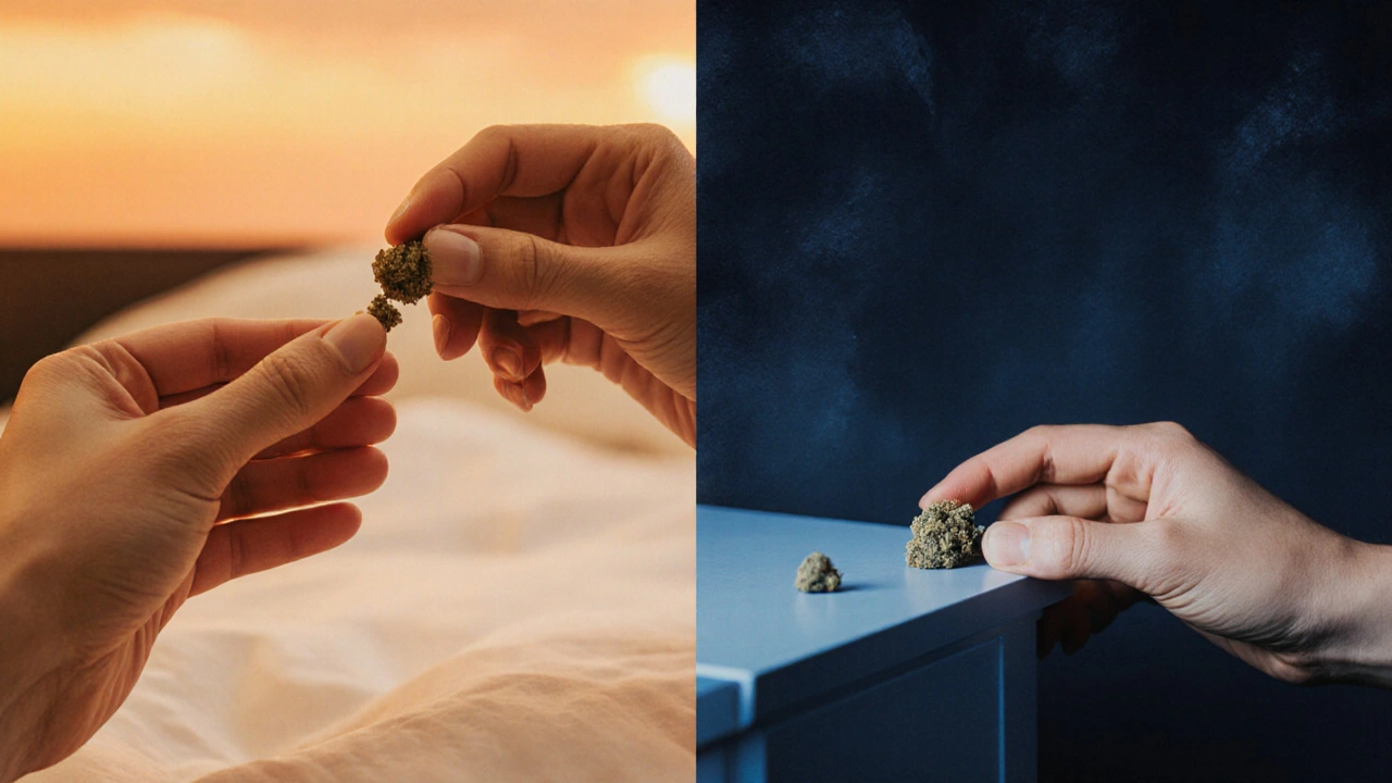 Zwei Hände, die CBD-Crumble zu unterschiedlichen Zeiten einnehmen: vor dem Schlafen und nach nächtlichem Aufwachen.