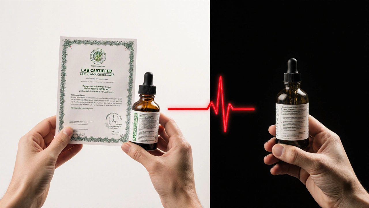 Zwei Hände: eine mit zertifiziertem CBD-Öl, die andere mit unsicherem Produkt – Kontrast zwischen Sicherheit und Risiko.