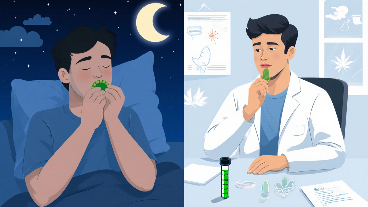 Zwei Szenen einer Person: abends mit Hanf-Gummibärchen zum Schlafen, tagsüber mit CBD-Isolat zur Konzentration.