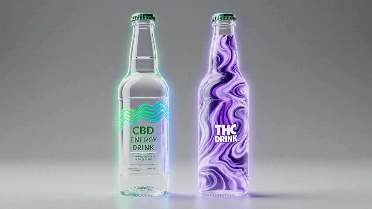 Zwei transparente Flaschen nebeneinander: CBD mit beruhigenden Wellen, THC mit psychedelischen Wirbeln.
