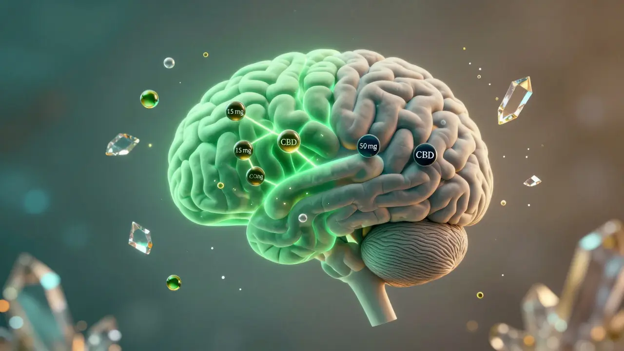 Abstrakte Darstellung eines Gehirns mit CBD-Wirkung: beruhigte Nervenbahnen vs. Überlastung durch hohe Dosis.