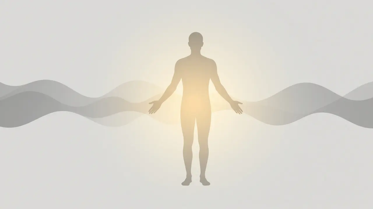 Abstrakte Darstellung von Stresswellen, die in goldenem Licht verschwinden.