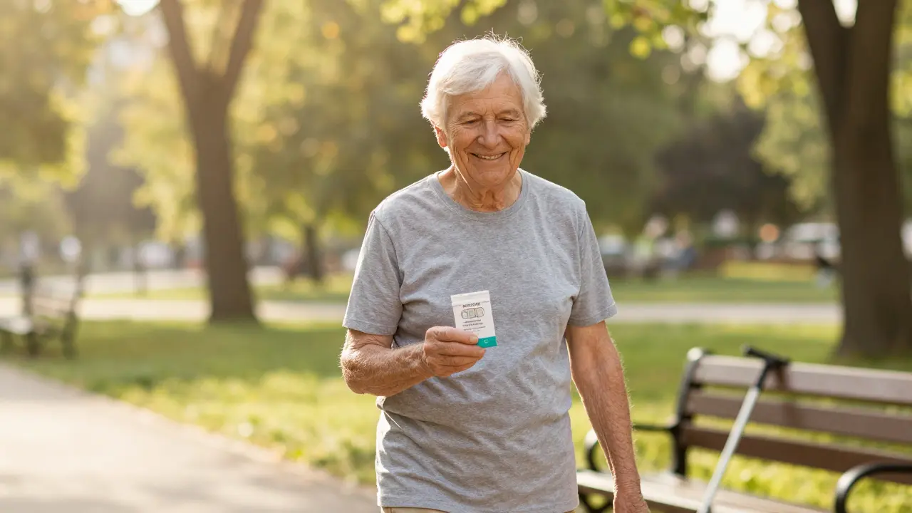 Ältere Person lächelnd im Park spazieren, zeigt weniger Gelenkverspannung.