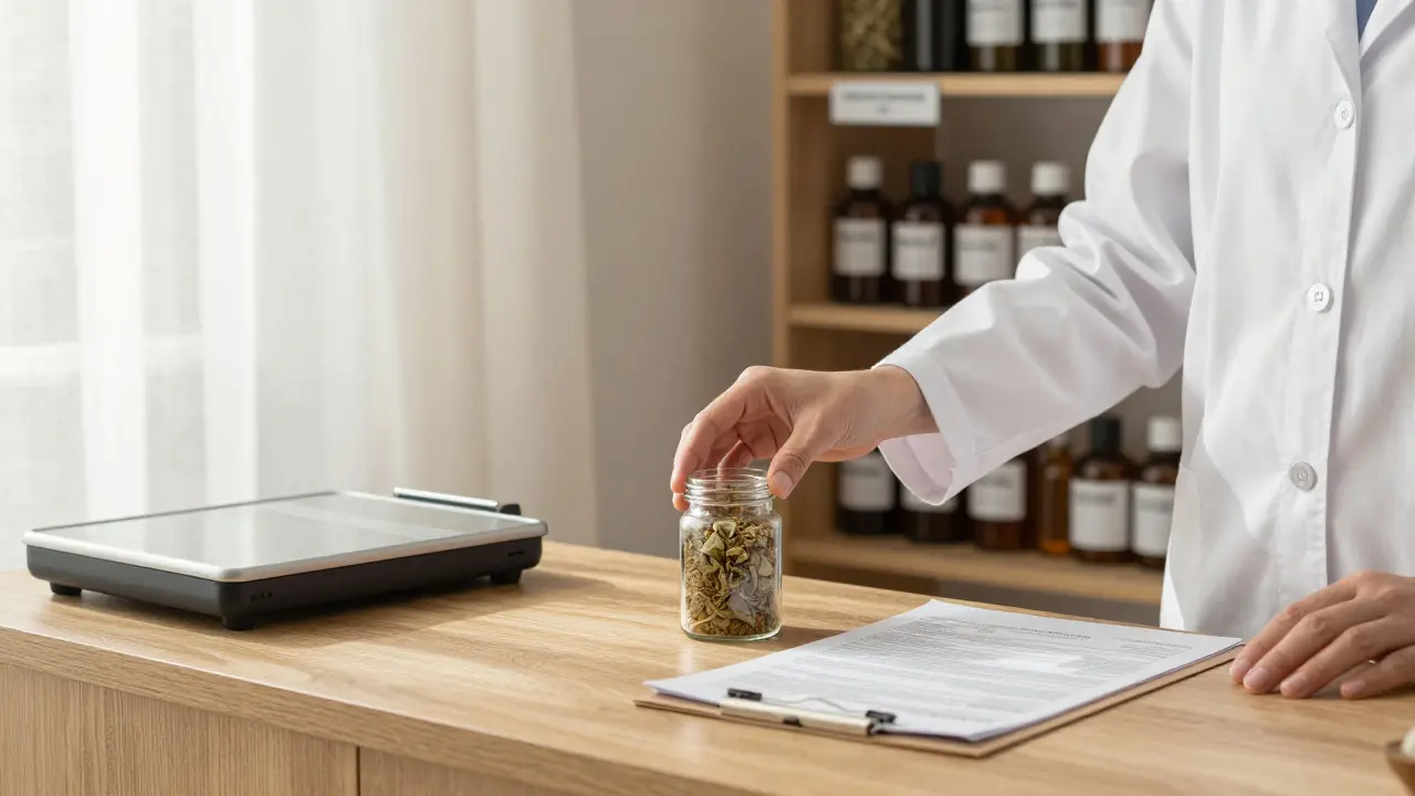 Apotheker reicht CBD-Crumble in einem Glasgefäß in einer deutschen Apotheke