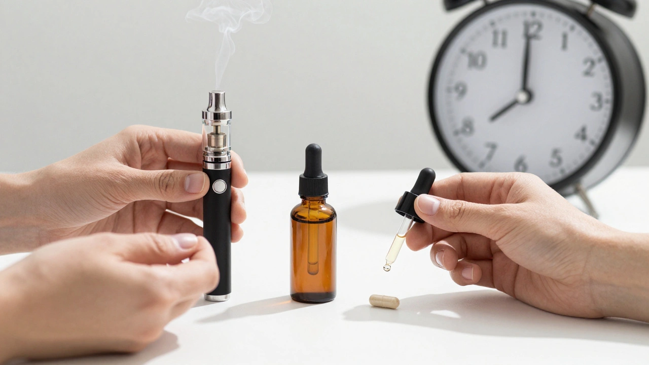 CBD vape, oil, and capsule side by side with time markers for onset.