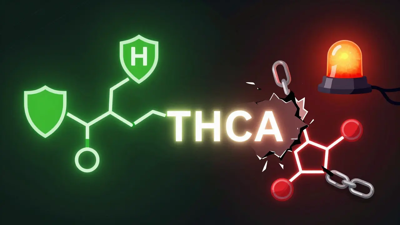 Chemische Umwandlung von THCa zu THC: grüne Legalität vs. rote Illegalität.