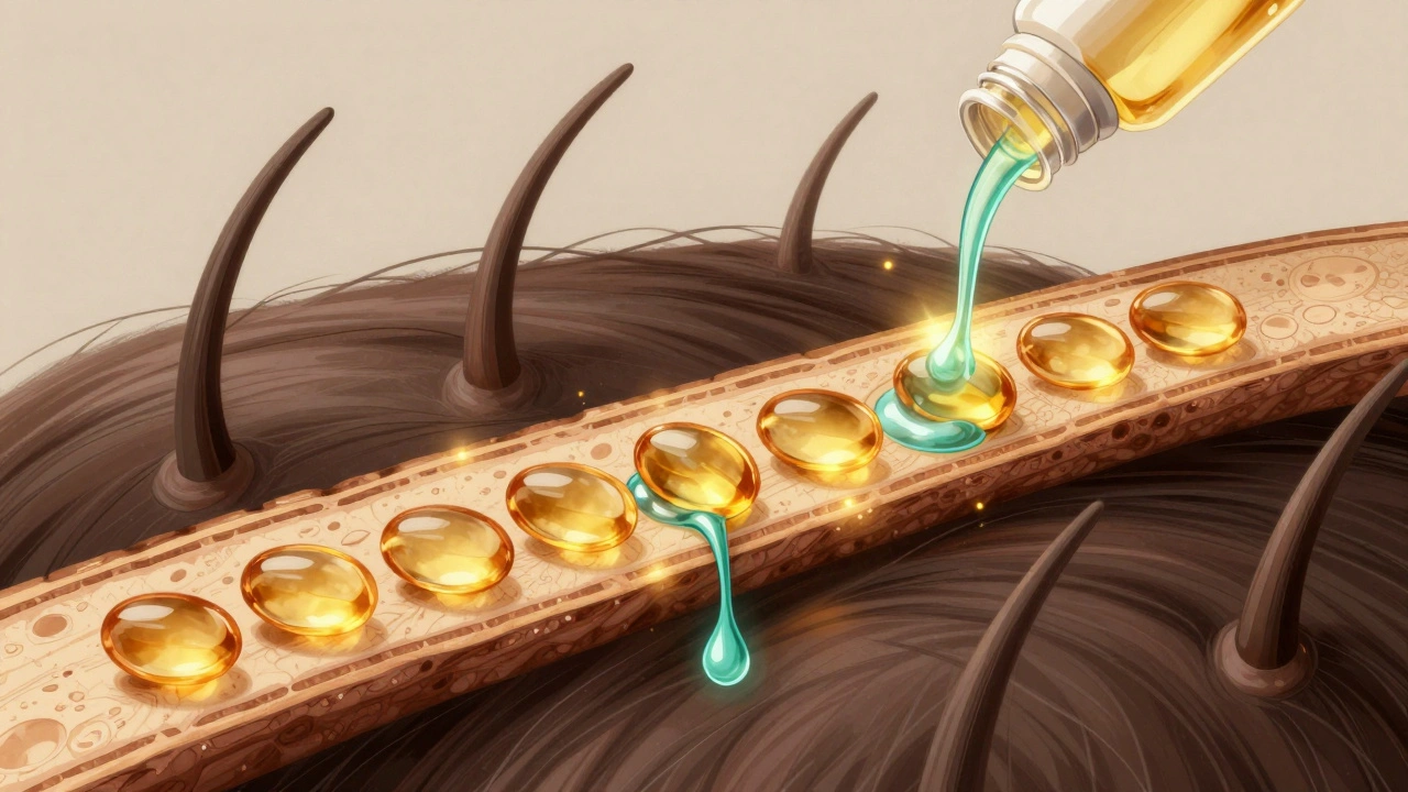 Cross-section of a hair strand being nourished by omega fatty acids from hemp oil.