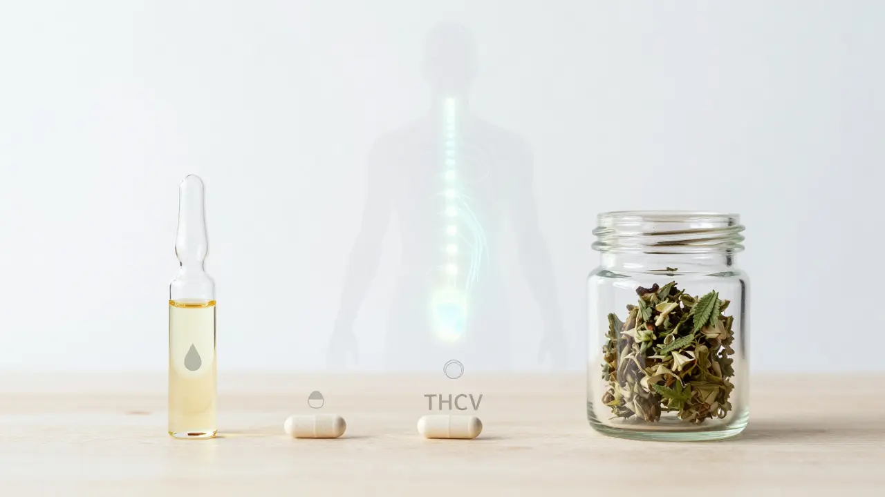 Drei Formen von THCV-Einnahme: Öl, Kapsel und Blüten — mit metabolischem Lichtmuster im Hintergrund.