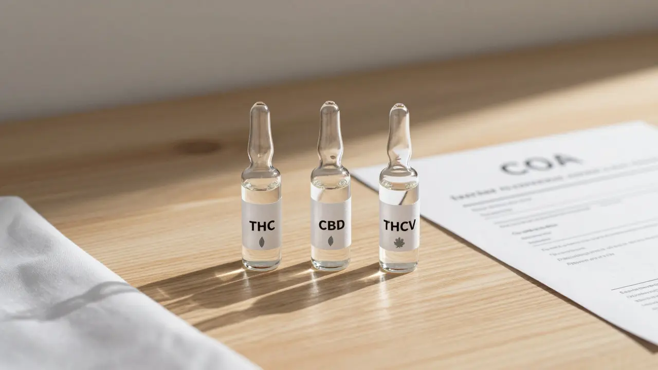 Drei Vials mit THC, CBD und THCV auf einem Holztisch, begleitet von einem Labor-Zertifikat.