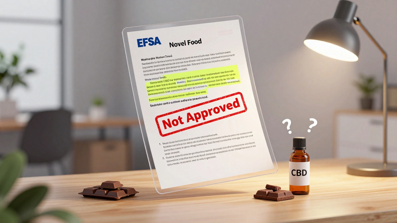 EFSA-Regelung zu CBD mit Ablehnungsstempel über Schokolade und Öl.