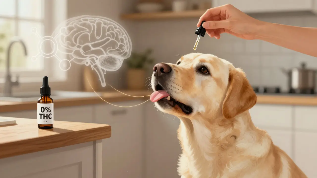 Ein Besitzer gibt einem Labrador CBD-Öl in den Mund, der neugierig und vertrauensvoll zurückschaut.