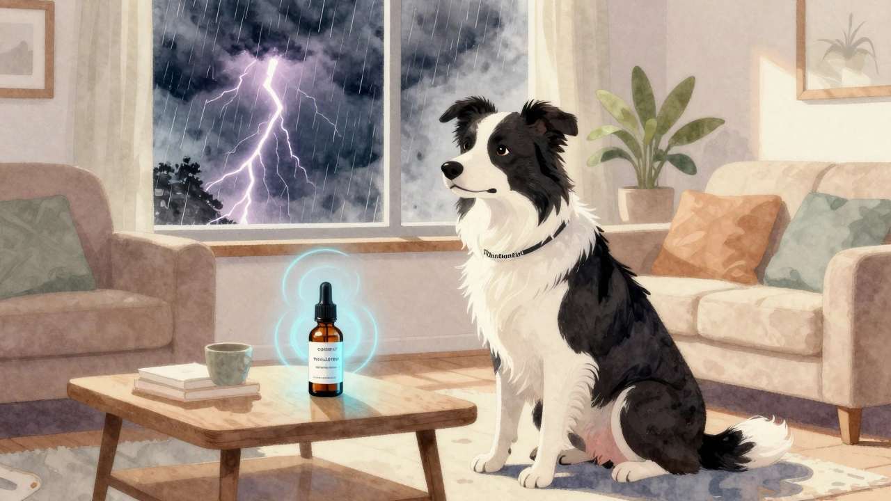 Ein Border Collie in einer ThunderShirt-Jacke sitzt ruhig, während draußen ein Gewitter tobt.