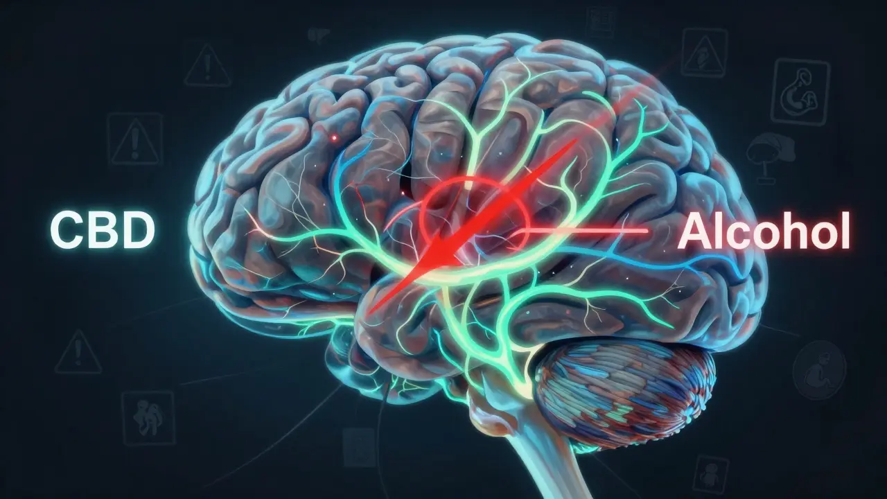 Ein durchscheinendes Gehirn mit clashing Signalen von CBD und Alkohol in den Neuronen.
