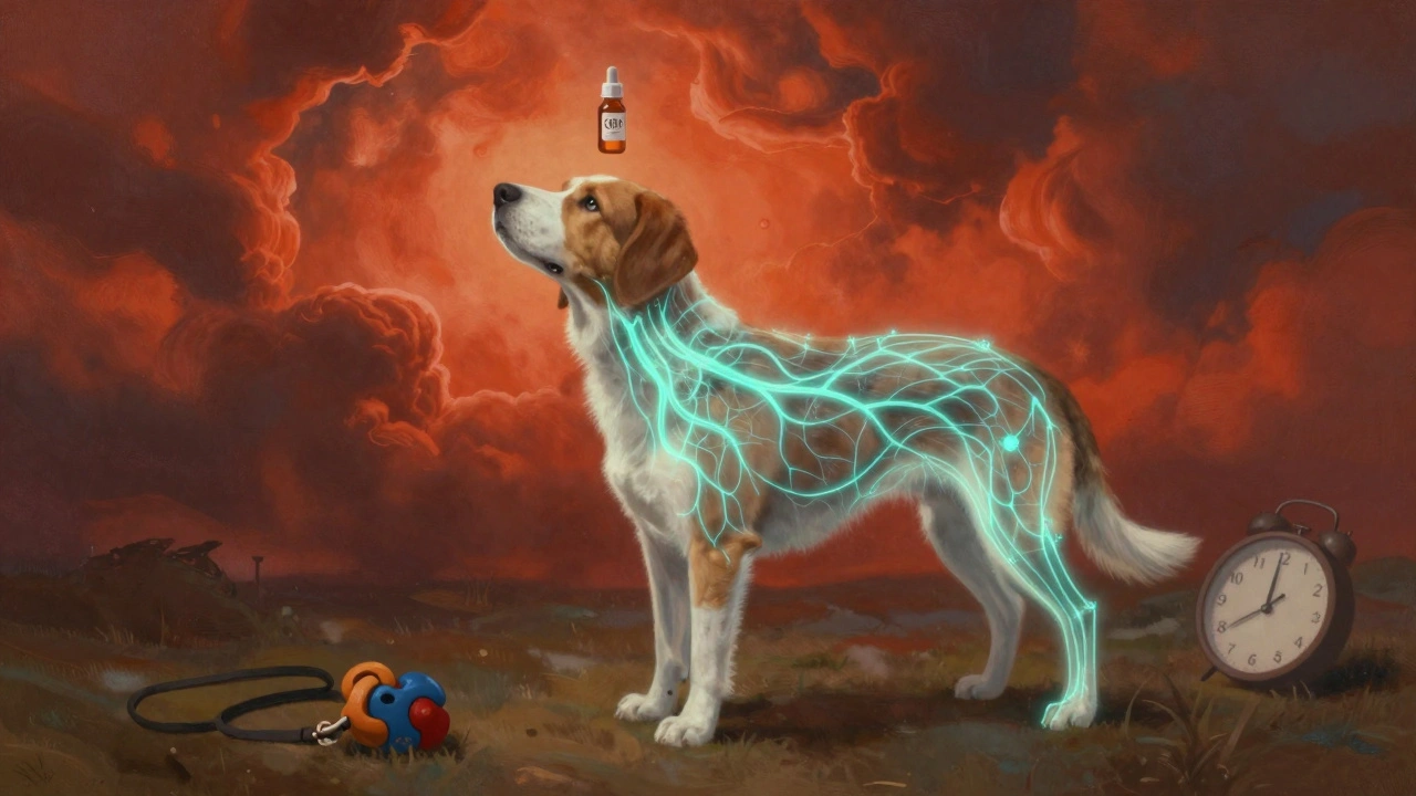 Ein schematisches Bild eines beruhigten Nervensystems eines Hundes mit CBD-Flasche darüber.