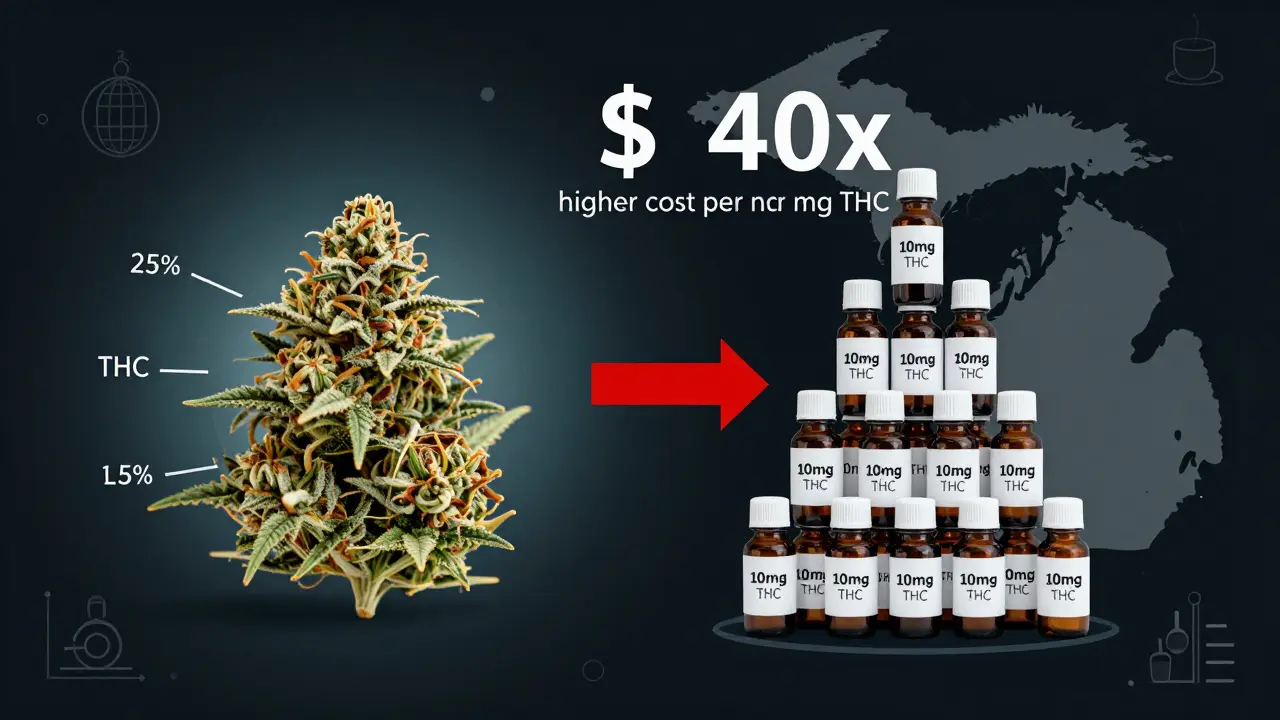 Ein Vergleich zwischen einer Unze Cannabisblüten und 14 THC-Getränken mit deutlich höherem Preis pro mg THC.