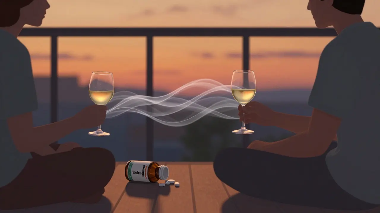 Eine Person trinkt CBD-Wein, während neben ihr Medikamente und ein weiteres Weinglas liegen.