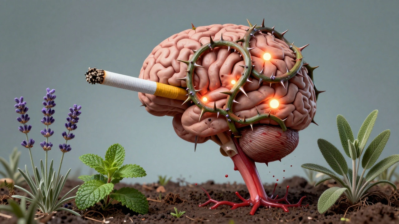 Gehirn mit blockierten Rezeptoren, von Wermutranken durchzogen, im Kontrast zu sicheren Kräutern wie Lavendel und Minze.