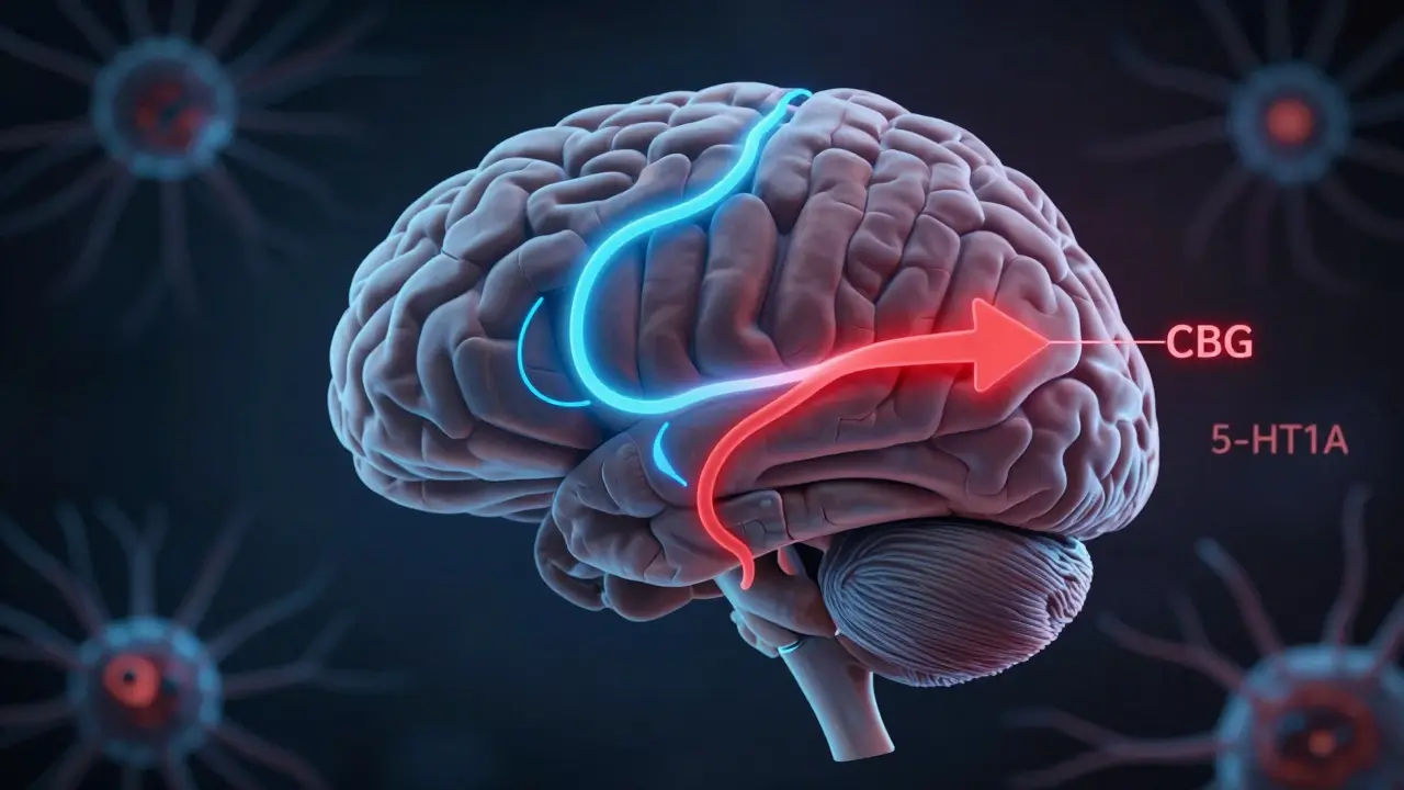 Gehirn mit zwei unterschiedlichen Wegen, die CBD und CBG darstellen.