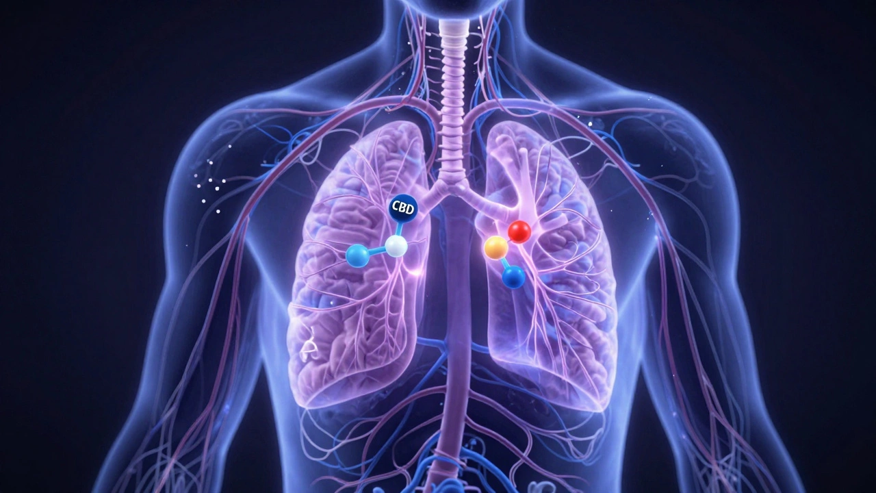 Glowendes Nervensystem mit CBD-Molekülen, die die Entspannung im Gehirn fördern.