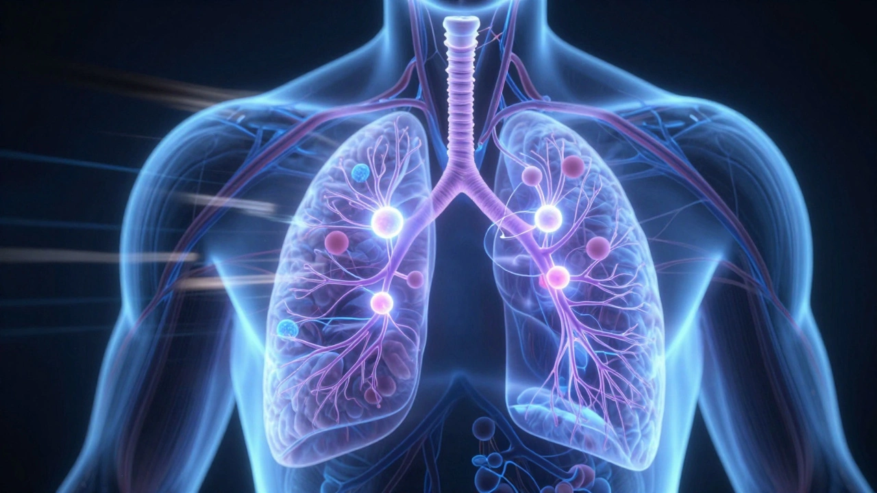 Glowing CBD molecules rapidly moving from lungs to brain and muscles.