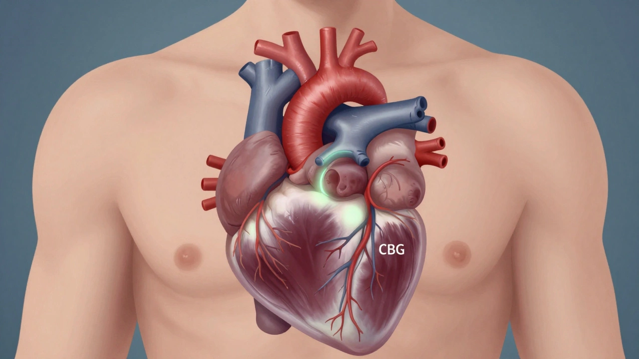 Herz mit Blutgefäßen, ein Gefäß leuchtet grün — symbolisiert orale CBG-Aufnahme.
