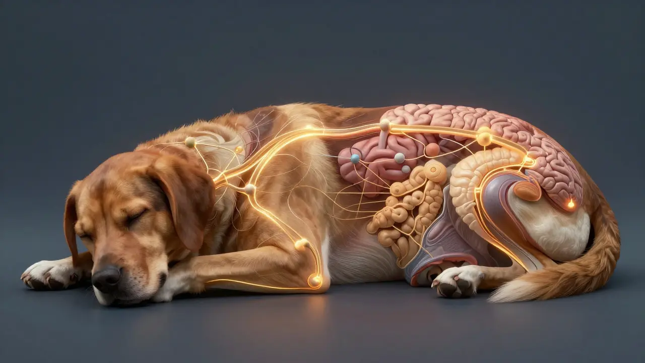 Innere Ansicht eines Hundes mit leuchtenden Rezeptoren, die CBD wirken lassen, in sanften Farben.