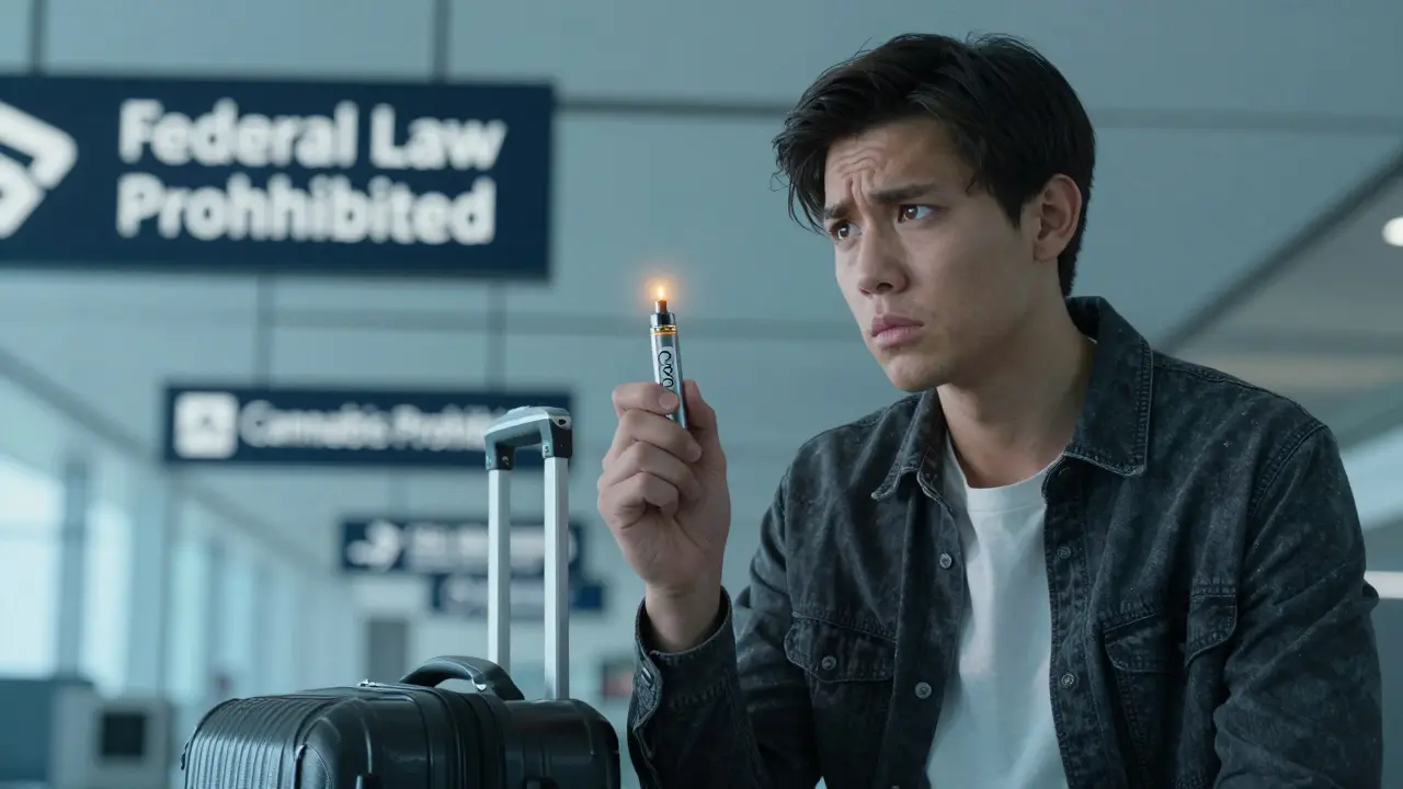 Junge Person mit THCa-Vape in einem Flughafen, nervös nach hinten blickend.