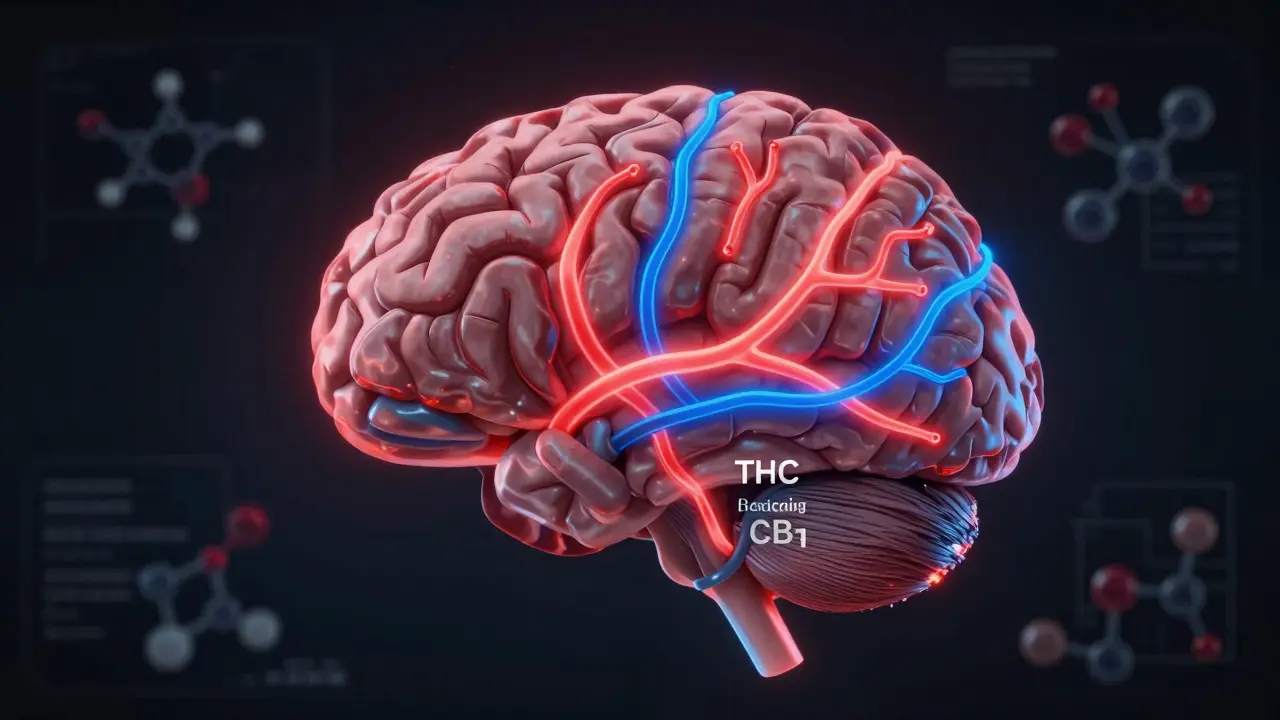 Konzeptuelle Darstellung eines Gehirns, in dem THCV die Wirkung von THC auf CB1-Rezeptoren hemmt.