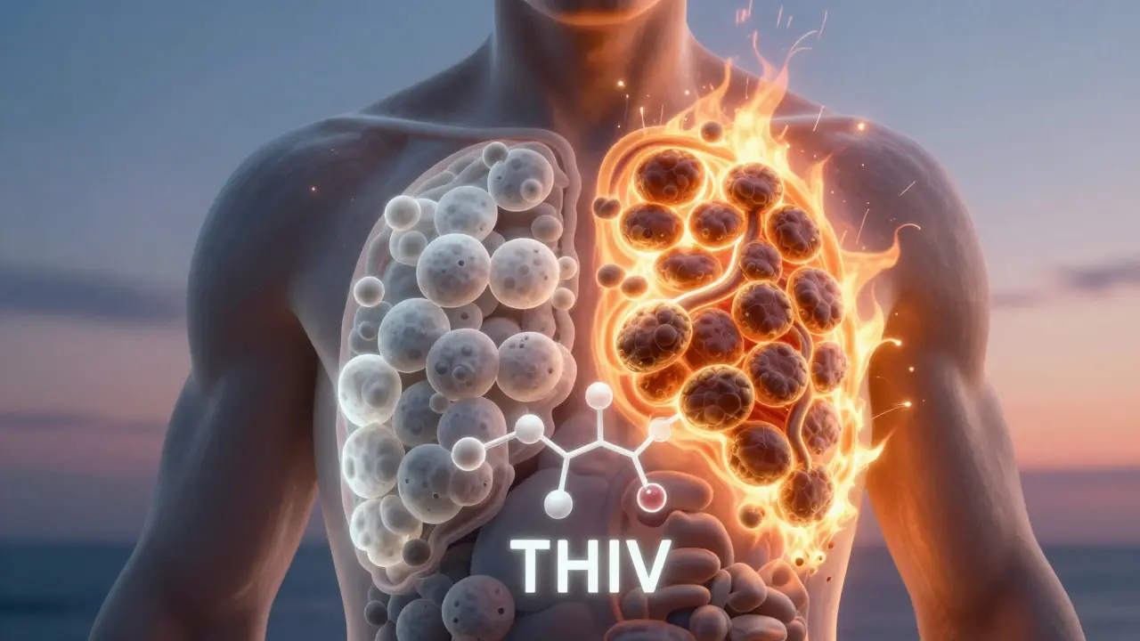 Konzeptuelle Darstellung von weißem und braunem Fettgewebe mit THCV als katalysierendem Molekül.