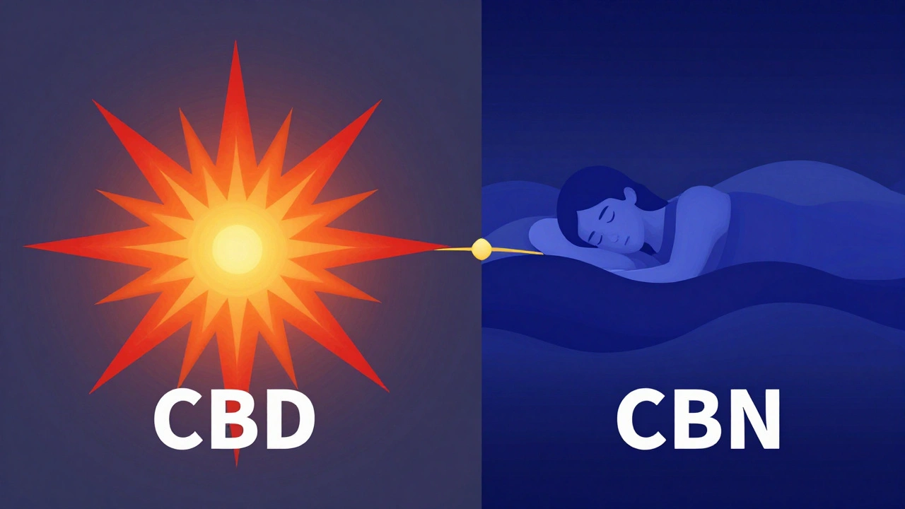 Konzeptuelles Bild: CBD reduziert Entzündungen, CBN fördert Schlaf – beide verbunden durch eine goldene Linie.