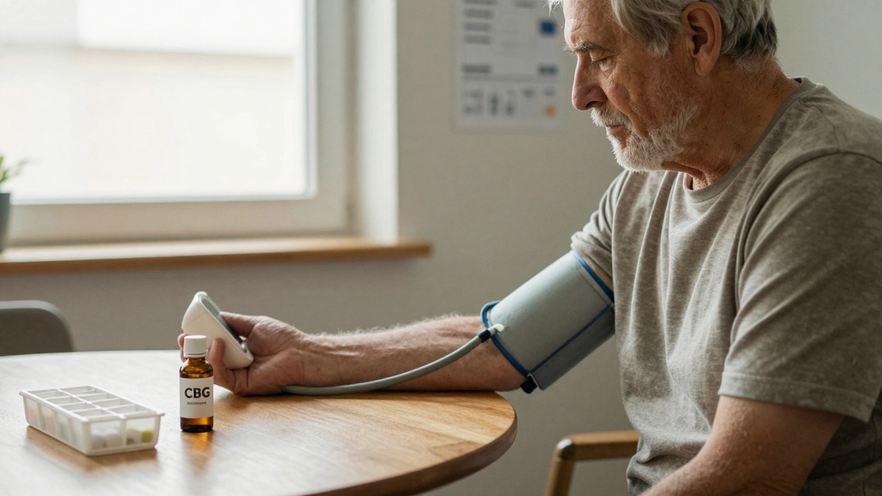 Mann misst Blutdruck, CBG-Ölflasche neben Medikamenten, ruhige, besonnene Atmosphäre.