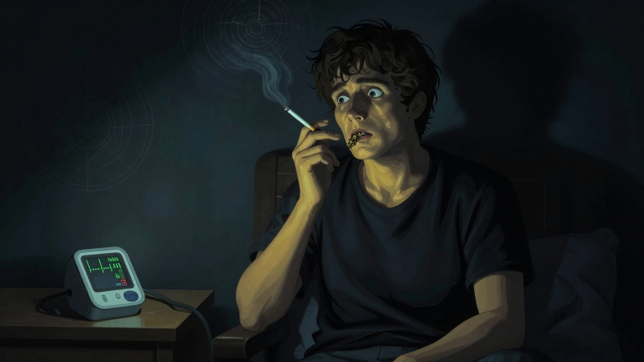 Mann mit verwirrtem Blick, der eine Wermut-Zigarette hält, umgeben von halluzinogenen Mustern in einem dunklen Raum.